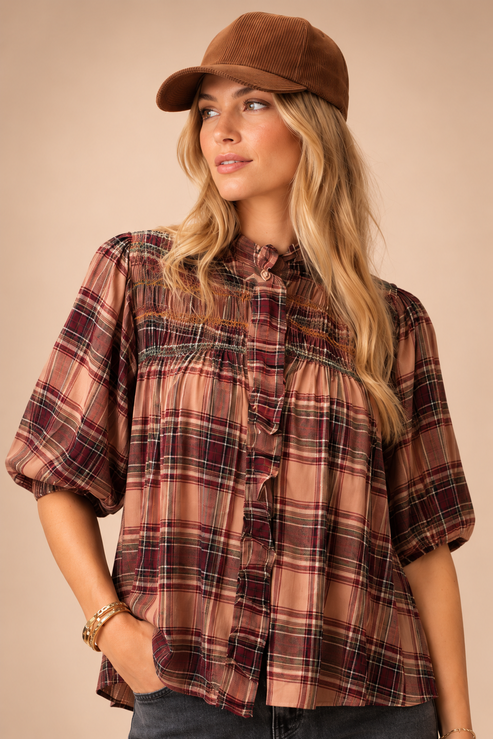 Chemise Smocked Carreaux Beige - Image 2