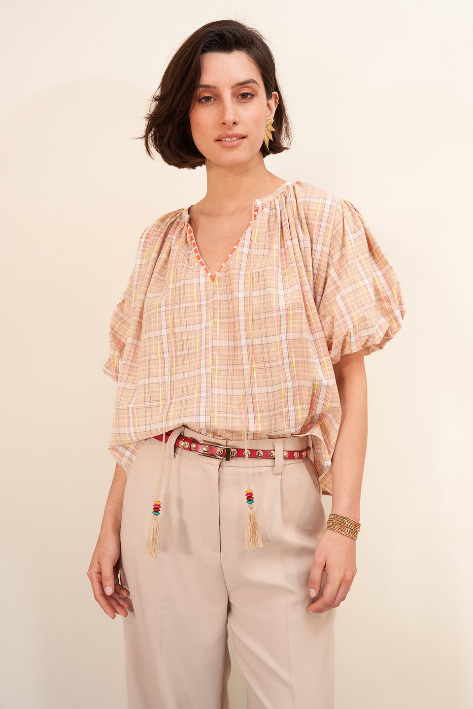 Chemise Dunya Carreaux Beige - Image 3
