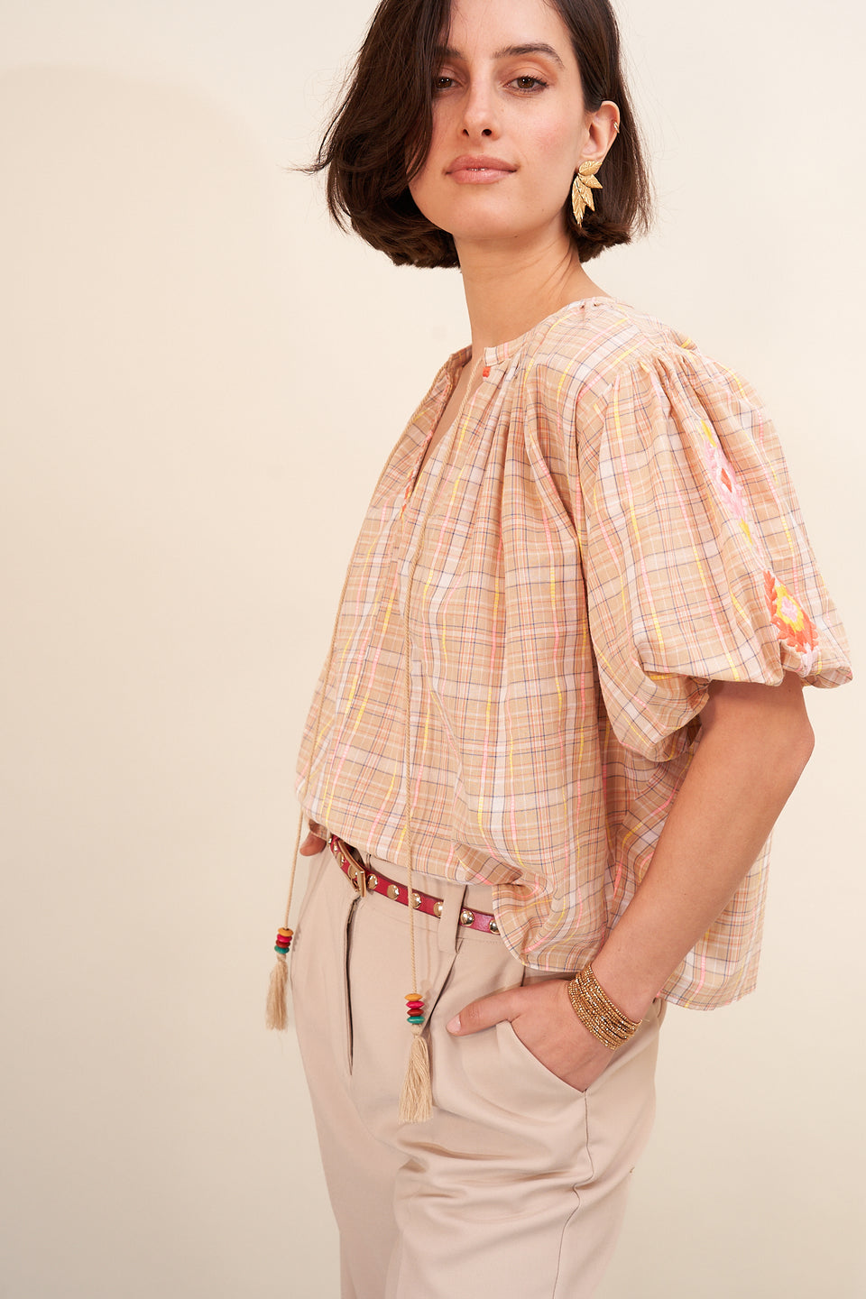 Chemise Dunya Carreaux Beige - Image 4