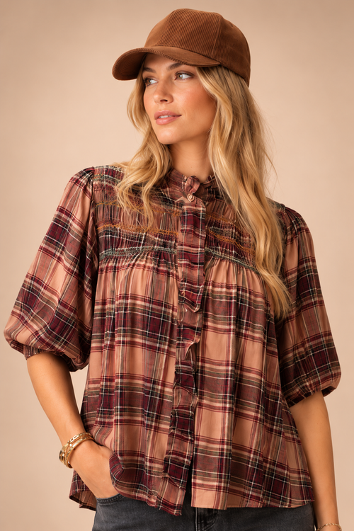 Chemise Smocked Carreaux Beige